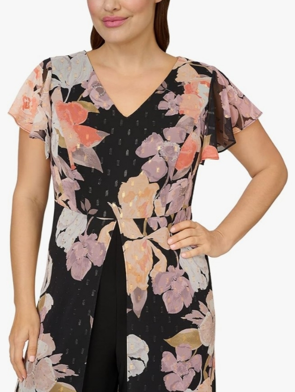 Adrianna Papell Women's Black Jumpsuit Floral Overlay  Gold Accents  New 26 W - Picture 3 of 6